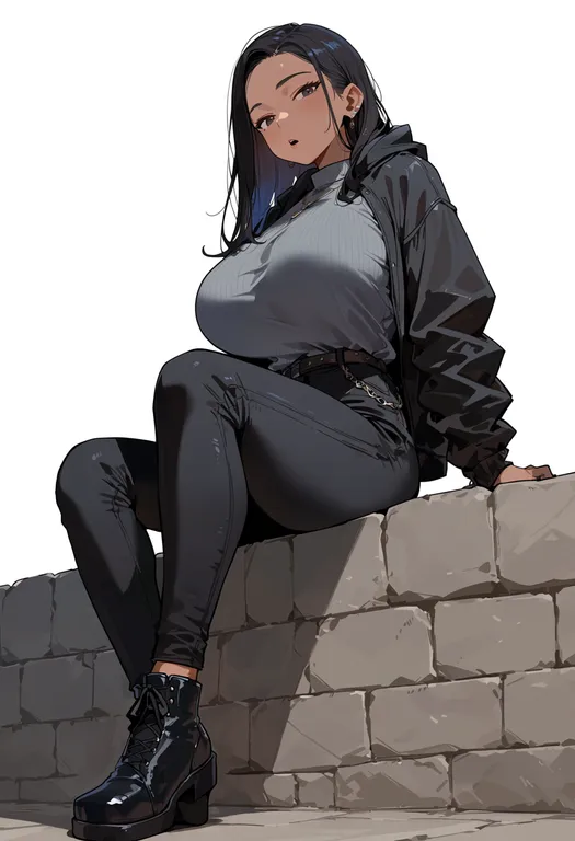 masterpiece, best quality, score_7, safe, stone wall, 1girl, solo, simple background — by k3scat, made with ComfyUI