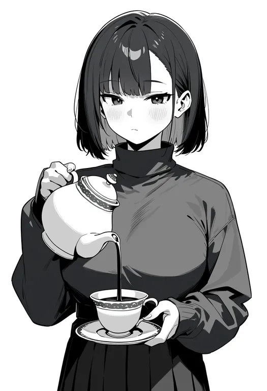 masterpiece, best quality, score_7, safe, holding teapot, 1girl, solo, upper body, simple background — by k3scat, made with ComfyUI