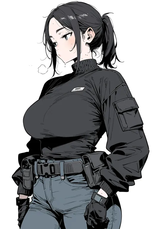 masterpiece, best quality, score_7, safe, utility belt, 1girl, solo, simple background — by k3scat, made with ComfyUI
