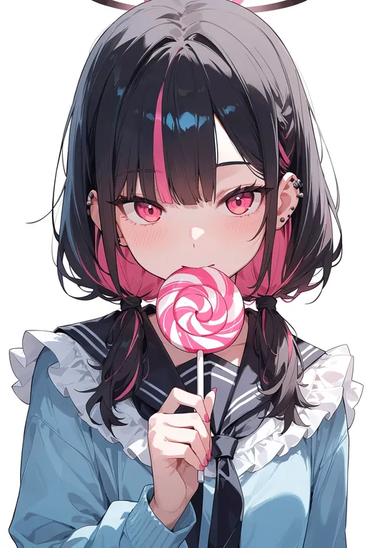 masterpiece, best quality, score_7, safe, swirl lollipop, 1girl, solo, upper body, simple background — by k3scat, made with ComfyUI