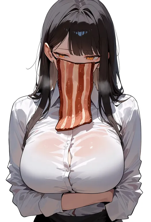 masterpiece, best quality, score_7, safe, bacon, 1girl, solo, upper body, simple background — by k3scat, made with ComfyUI