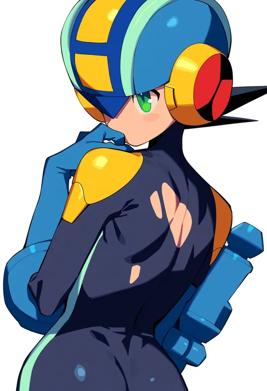 masterpiece, best quality, score_7, safe, megaman.exe, solo, upper body, simple background — by k3scat, made with ComfyUI