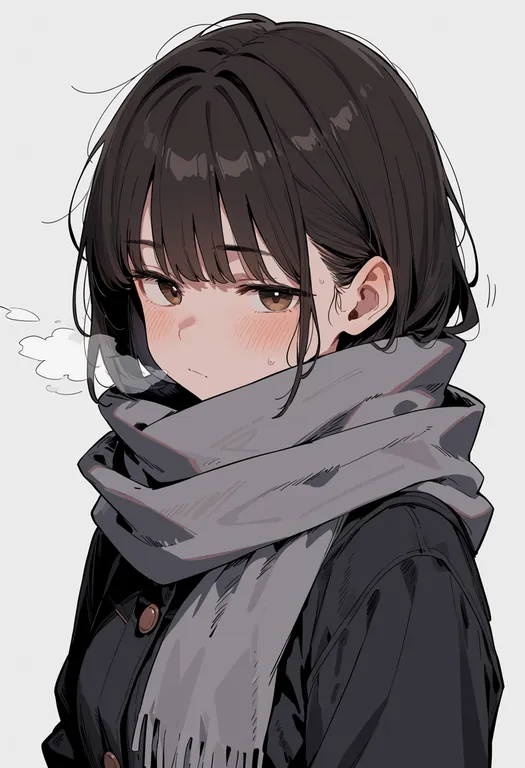 masterpiece, best quality, score_7, safe, grey scarf, 1girl, solo, upper body, simple background — by k3scat, made with ComfyUI