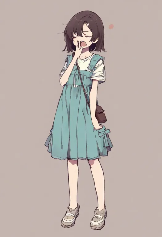 masterpiece, best quality, general, yawning, 1girl, solo, full body, simple background — by k3scat, made with ComfyUI