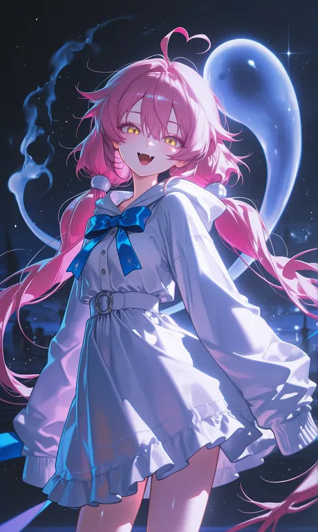 1girl, heart ahoge, dress, long hair, fang, ghost, sleeves past wrists, hood, yellow eyes, twintails, looking at viewer, — by 三叶草, made with ComfyUI