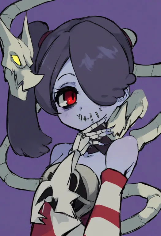 masterpiece, best quality, general, squigly (skullgirls), skullgirls, solo, upper body, simple background — by k3scat, made with ComfyUI