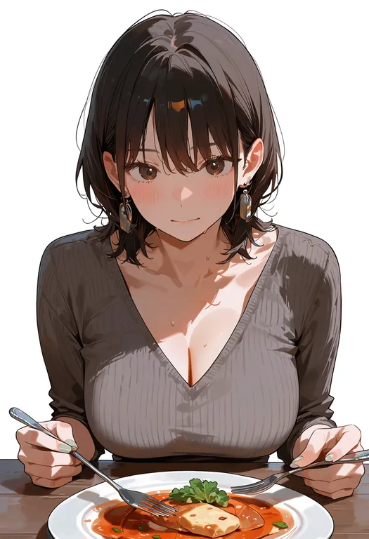 masterpiece, best quality, score_7, safe, dinner, 1girl, solo, upper body, simple background — by k3scat, made with ComfyUI
