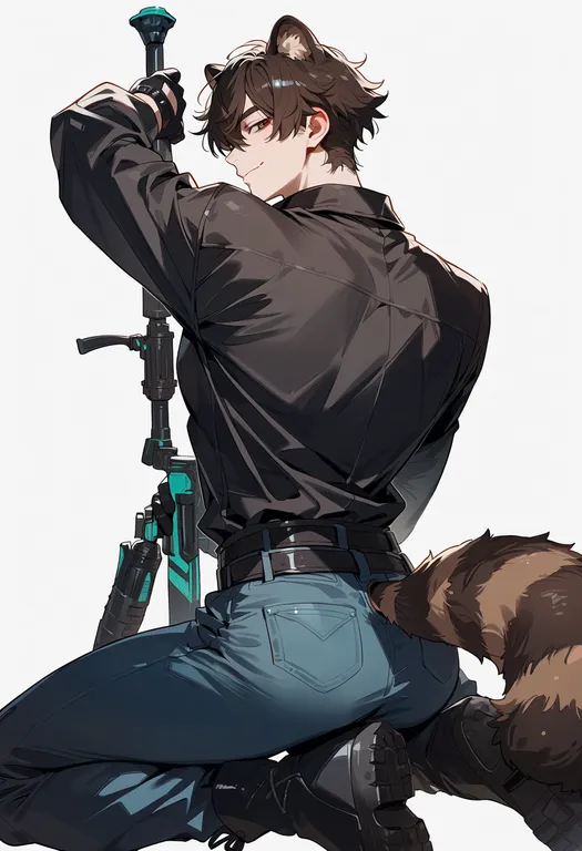 masterpiece, best quality, score_7, safe, raccoon boy, 1boy, solo, simple background — by k3scat, made with ComfyUI