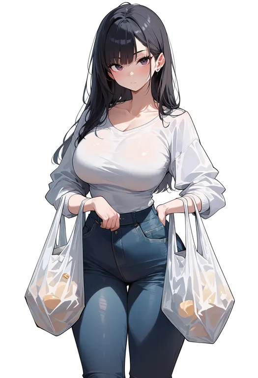 masterpiece, best quality, score_7, safe, plastic bag, 1girl, solo, simple background — by k3scat, made with ComfyUI