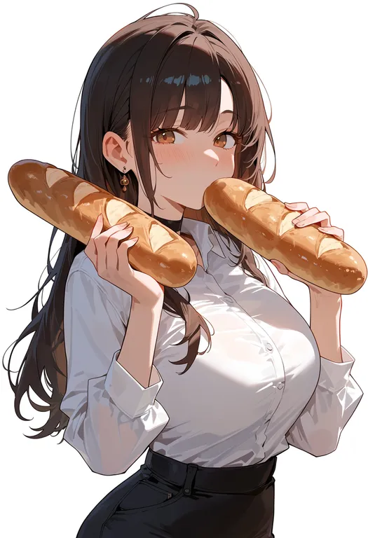 masterpiece, best quality, score_7, safe, baguette, 1girl, solo, upper body, simple background — by k3scat, made with ComfyUI