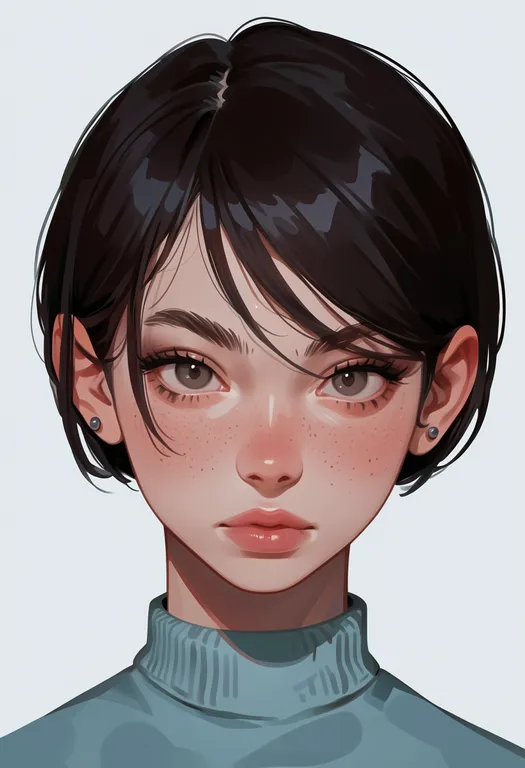 masterpiece, best quality, score_7, safe, eyebrows, 1girl, solo, portrait, simple background — by k3scat, made with ComfyUI