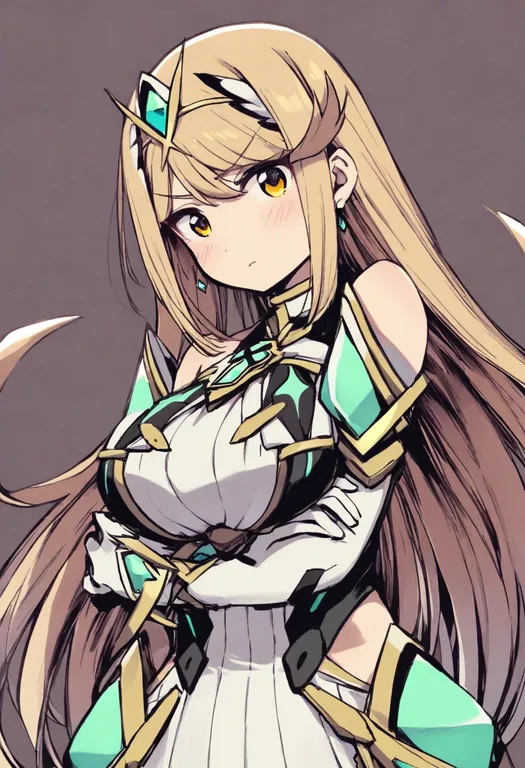 masterpiece, best quality, general, mythra (xenoblade), xenoblade chronicles 2, solo, upper body, simple background — by k3scat, made with ComfyUI
