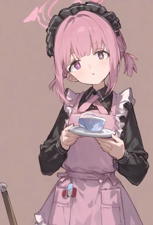 masterpiece, best quality, general, pink apron, 1girl, solo, simple background — by k3scat, made with ComfyUI