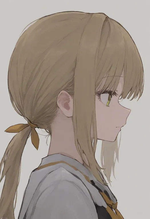 masterpiece, best quality, general, low side ponytail, 1girl, solo, portrait, simple background — by k3scat, made with ComfyUI