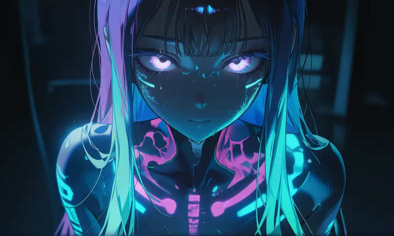 1girl, solo, upper body, dark room, pitch black background, (blacklight:1.4), uv light, (glowing neon body paint:1.3)… — by 喵斯拉, made with ComfyUI