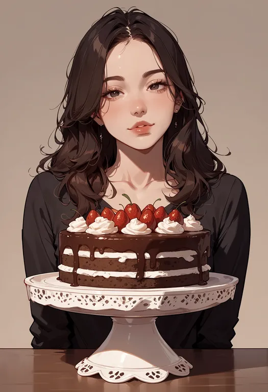 masterpiece, best quality, score_7, safe, cake stand, 1girl, solo, upper body, simple background — by k3scat, made with ComfyUI