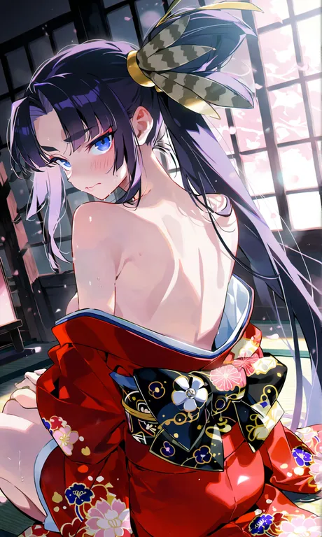 masterpiece, best quality, score_7, 1girl, solo, (ushiwakamaru (fate):1.5), blue eyes, black hair, very long hair… — by 十六夜 攸, made with ComfyUI