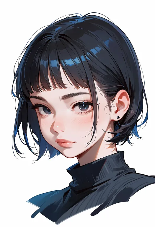 masterpiece, best quality, score_7, safe, short bangs, 1girl, solo, portrait, simple background — by k3scat, made with ComfyUI