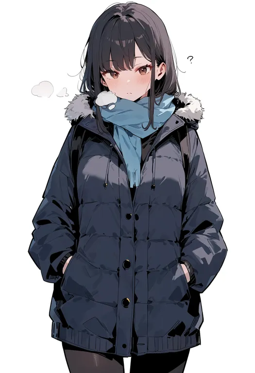 masterpiece, best quality, score_7, safe, winter, 1girl, solo, simple background — by k3scat, made with ComfyUI