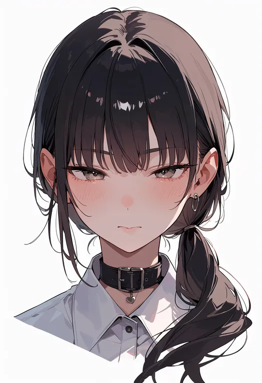 masterpiece, best quality, score_7, safe, low side ponytail, 1girl, solo, portrait, simple background — by k3scat, made with ComfyUI