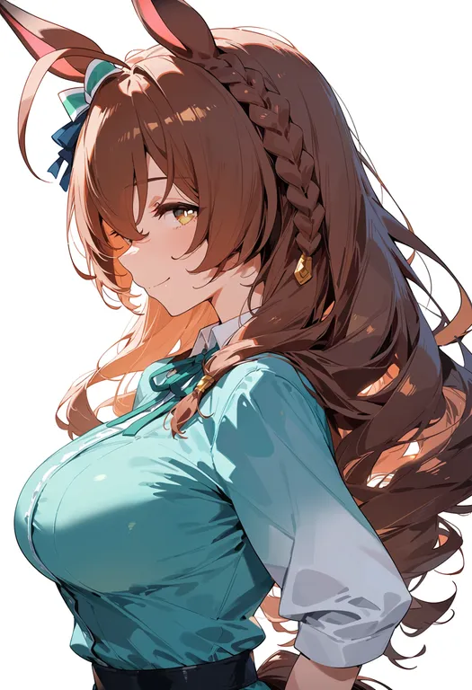 masterpiece, best quality, score_7, safe, mejiro bright (umamusume), umamusume, solo, upper body, simple background — by k3scat, made with ComfyUI