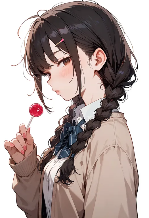 masterpiece, best quality, score_7, safe, holding candy, 1girl, solo, upper body, simple background — by k3scat, made with ComfyUI