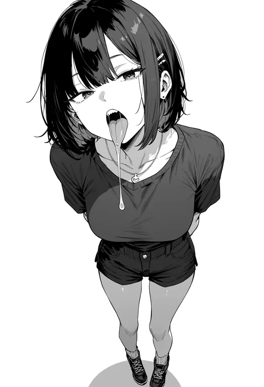 masterpiece, best quality, score_7, safe, saliva trail, 1girl, solo, simple background — by k3scat, made with ComfyUI
