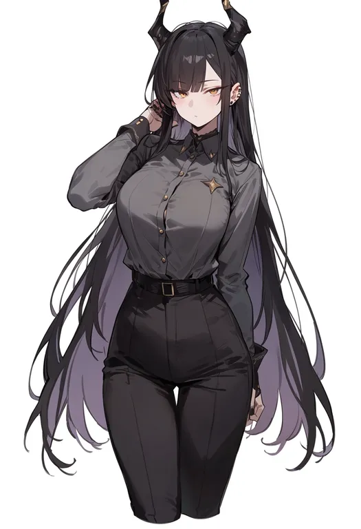 masterpiece, best quality, score_7, safe, horns, 1girl, solo, simple background — by k3scat, made with ComfyUI