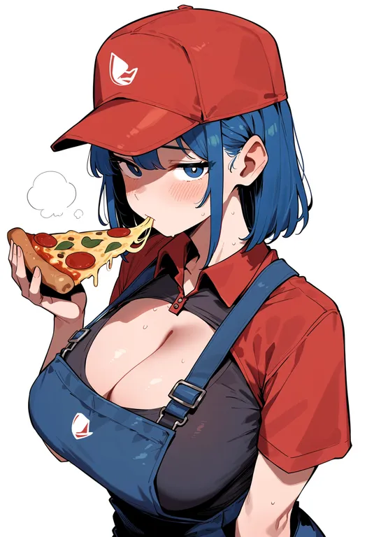 masterpiece, best quality, score_7, safe, pizza delivery, 1girl, solo, upper body, simple background — by k3scat, made with ComfyUI