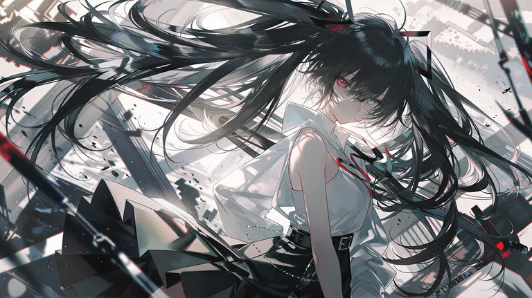 4x0style, 1girl, extremely long black hair, ahoge, asymmetrical bangs, heterochromia, red left eye, aqua-blue right eye, — by mzl, made with ComfyUI
