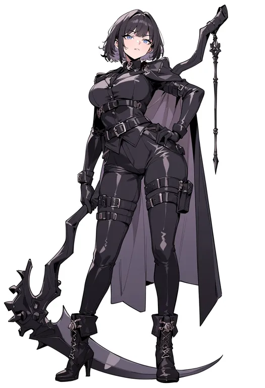 masterpiece, best quality, score_7, safe, scythe, 1girl, solo, simple background — by k3scat, made with ComfyUI
