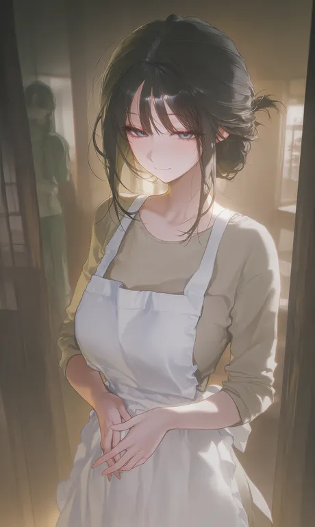1girl, upper body, mature woman, long black hair tied up, g-cup breasts, beige house dress, white apron… — by 傑克, made with ComfyUI