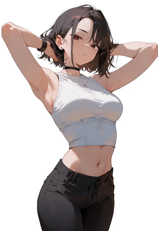masterpiece, best quality, score_7, safe, hands up, 1girl, solo, simple background — by k3scat, made with ComfyUI