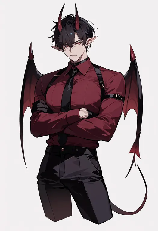 masterpiece, best quality, score_7, safe, demon boy, 1boy, solo, simple background — by k3scat, made with ComfyUI