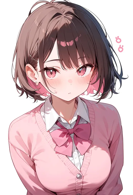 masterpiece, best quality, score_7, safe, pink bowtie, 1girl, solo, upper body, simple background — by k3scat, made with ComfyUI
