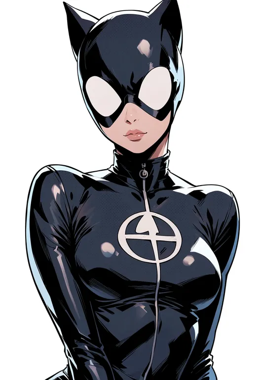 masterpiece, best quality, score_7, safe, black cat (marvel), marvel, solo, upper body, simple background — by k3scat, made with ComfyUI