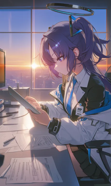 best quality, score_7, safe, highres, very aesthetic, 1girl, yuuka \(blue archive\), blue archive, purple hair, two side — by k3scat, made with ComfyUI