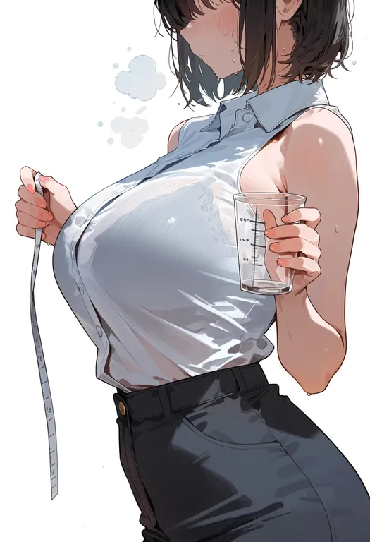 masterpiece, best quality, score_7, safe, measuring cup, 1girl, solo, upper body, simple background — by k3scat, made with ComfyUI