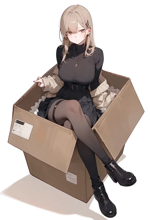 masterpiece, best quality, score_7, safe, cardboard box, 1girl, solo, simple background — by k3scat, made with ComfyUI