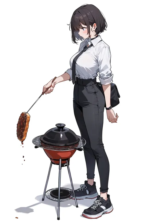 masterpiece, best quality, score_7, safe, grilling, 1girl, solo, full body, simple background — by k3scat, made with ComfyUI