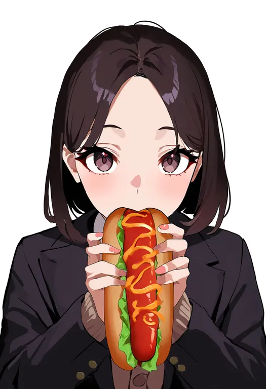 masterpiece, best quality, newest, absurdres, highres, safe, hot_dog, 1girl, solo, upper_body, simple_background — by k3scat, made with ComfyUI