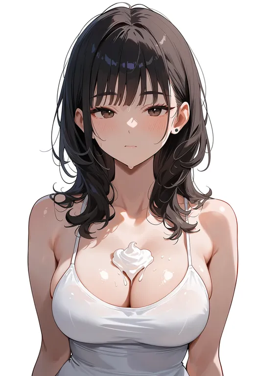 masterpiece, best quality, score_7, safe, cream on body, 1girl, solo, upper body, simple background — by k3scat, made with ComfyUI