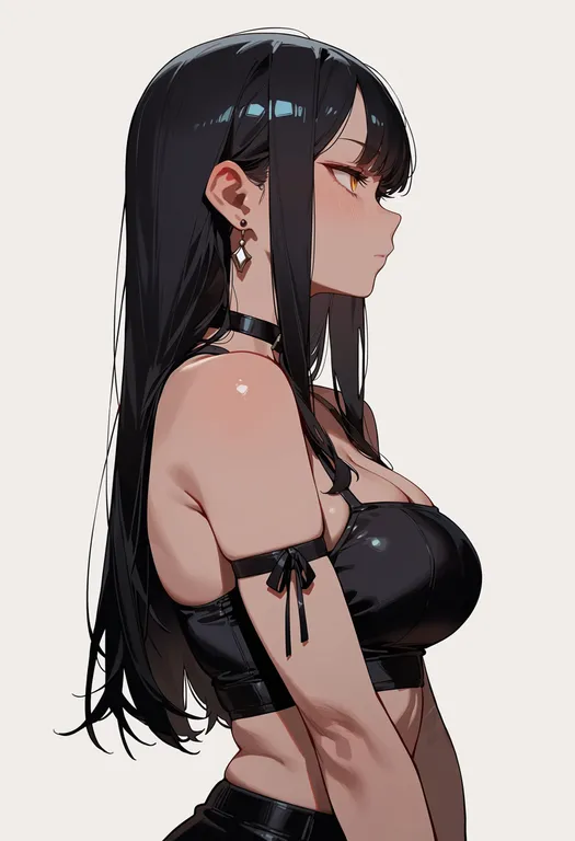 masterpiece, best quality, score_7, safe, black-haired demon girl (shimmer), solo, upper body, simple background — by k3scat, made with ComfyUI