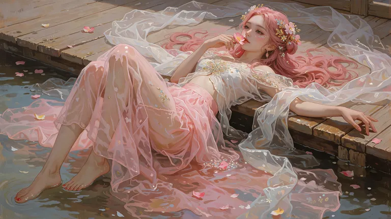 A Chinese woman with long, wavy pink hair adorned with delicate floral headpieces and golden embellishments lies… — by Ciallo～(∠・ω< )⌒☆, made with ComfyUI