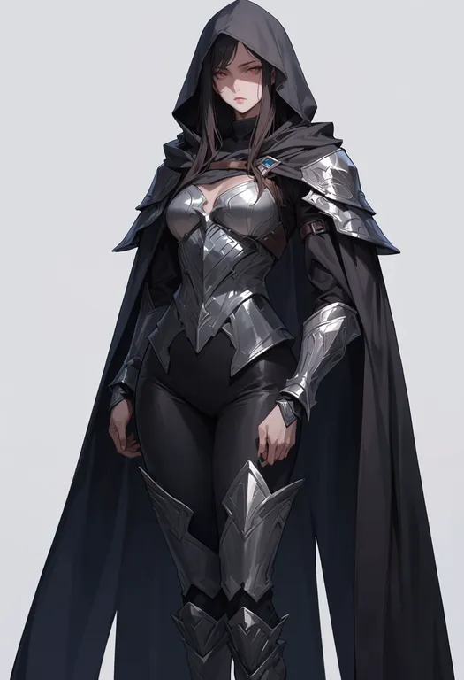 masterpiece, best quality, score_7, safe, hooded cloak, 1girl, solo, simple background — by k3scat, made with ComfyUI