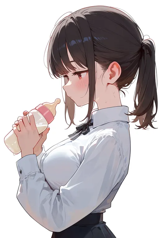 masterpiece, best quality, score_7, safe, baby bottle, 1girl, solo, upper body, simple background — by k3scat, made with ComfyUI