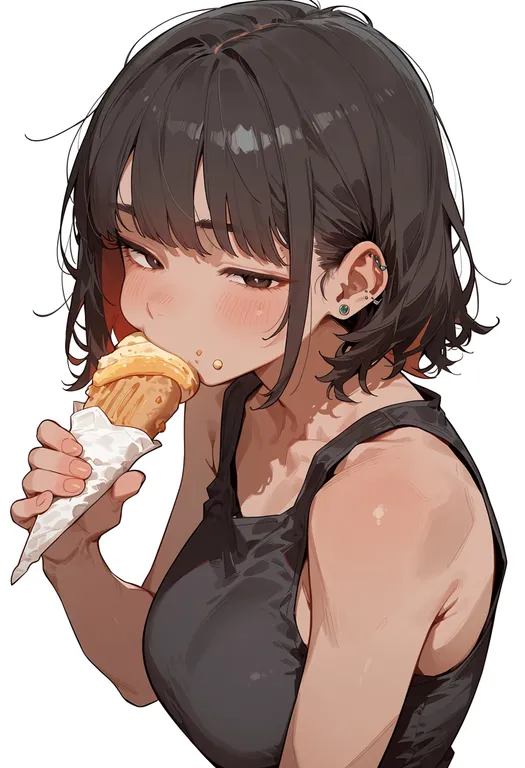 masterpiece, best quality, score_7, safe, oversized food, 1girl, solo, upper body, simple background — by k3scat, made with ComfyUI