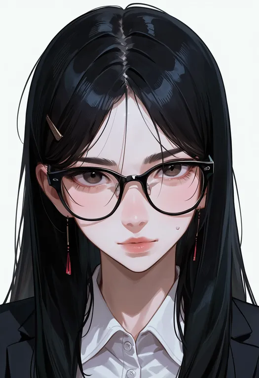 masterpiece, best quality, score_7, safe, black-framed eyewear, 1girl, solo, portrait, simple background — by k3scat, made with ComfyUI