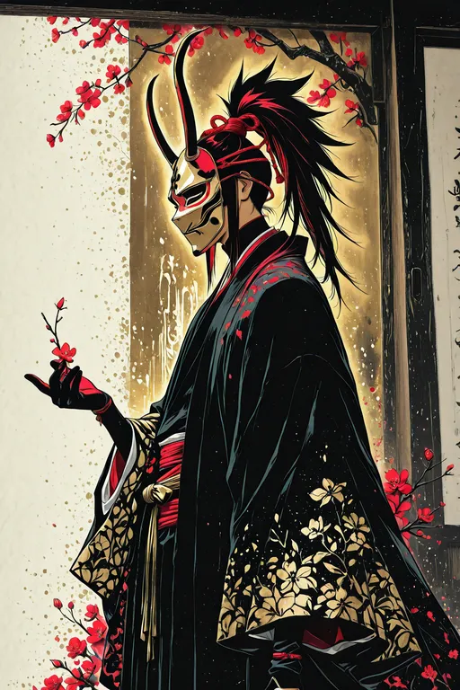 1man, samurai, wearing menpo mask, three-quarter view, (black and red and gold color palette:1.4)… — by Nick man, made with ComfyUI