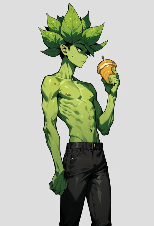 masterpiece, best quality, score_7, safe, plant boy, 1boy, solo, simple background — by k3scat, made with ComfyUI